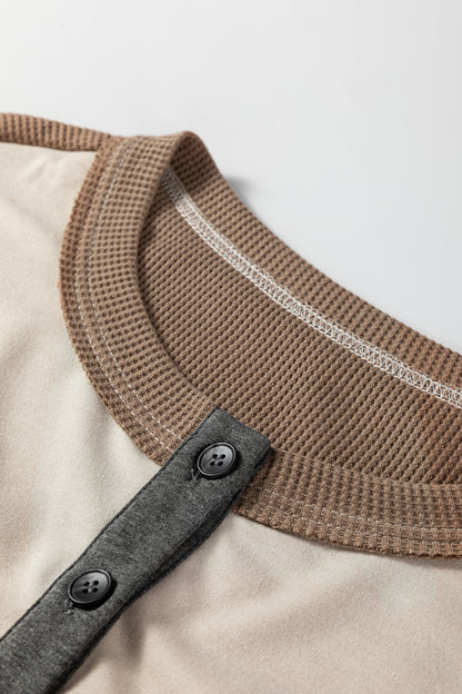 Jet Stream Waffle Patchwork Colorblock Half Buttons Casual Plus Size Knit Jumper