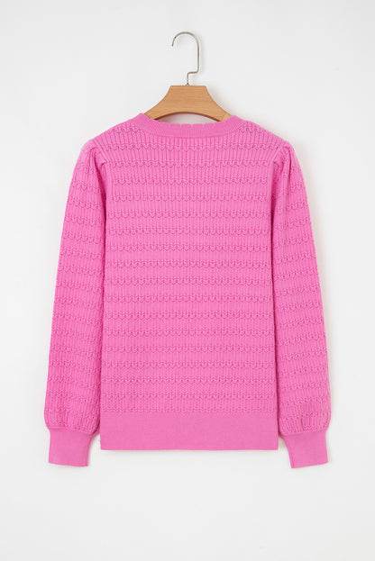 Bright Pink Trendy Pattern Knit Ribbed Cuffs Crew Neck Sweater