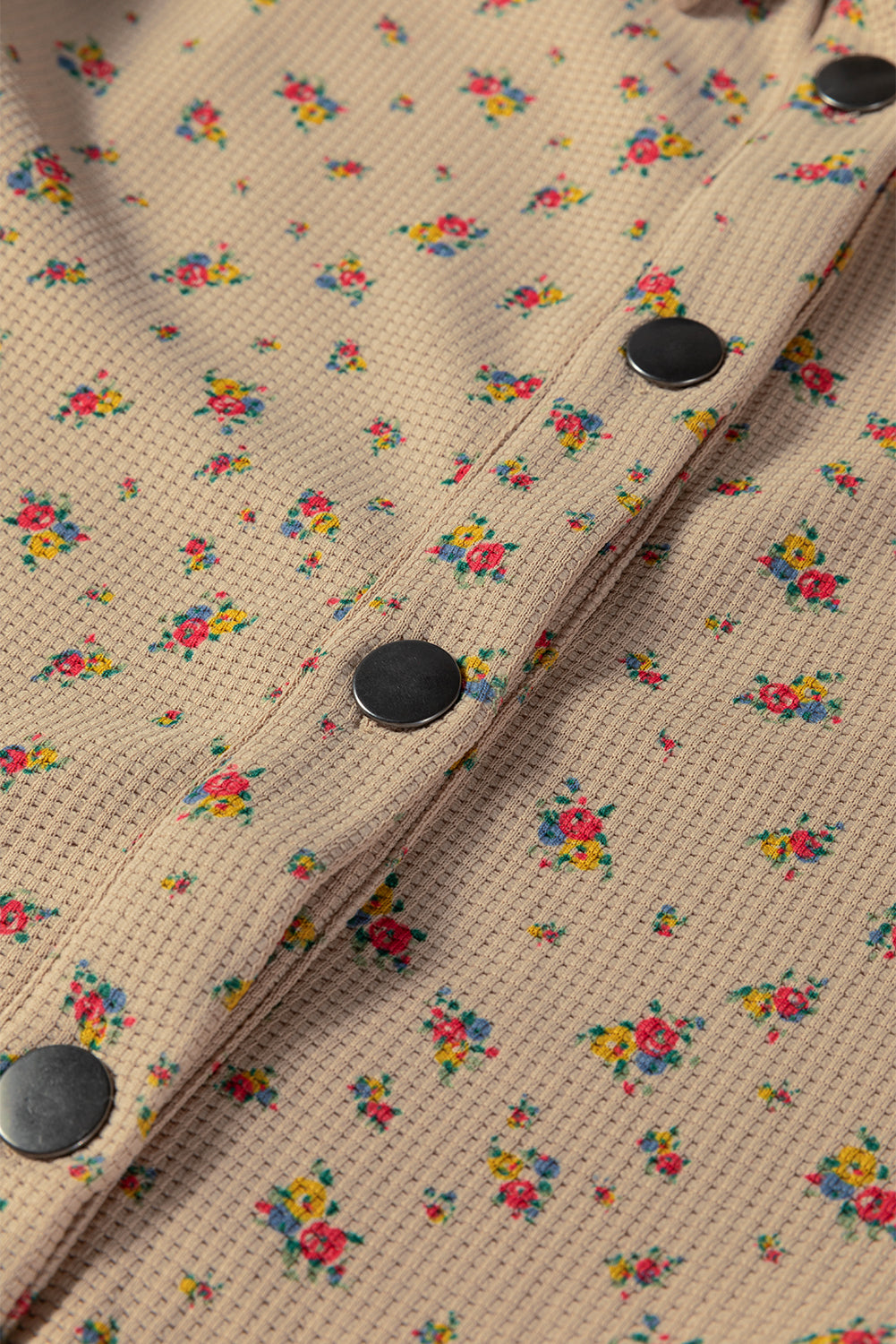 Ashleigh Blue Boho Floral Plaid Patchwork Distressed Detail Ruffled Sleeve Waffle Knit Shacket