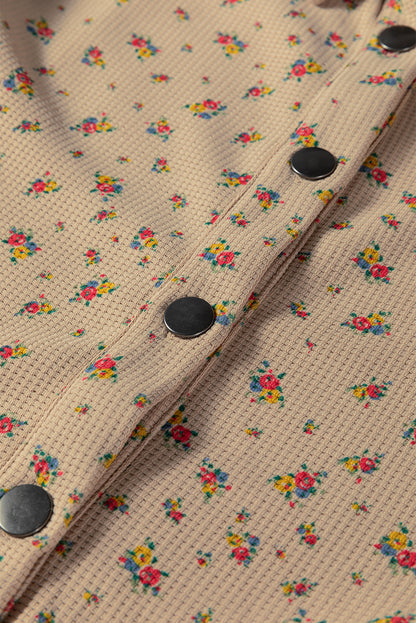 Ashleigh Blue Boho Floral Plaid Patchwork Distressed Detail Ruffled Sleeve Waffle Knit Shacket