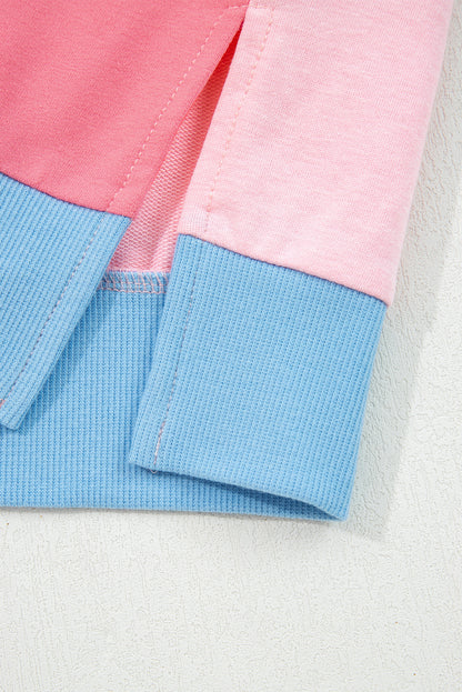 Light Pink Floral Colorblock Patchwork Chest Pocket Notched Neck Long Sleeve Top