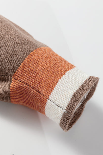 Black Contrast Striped Trim V Neck Varsity Sweater