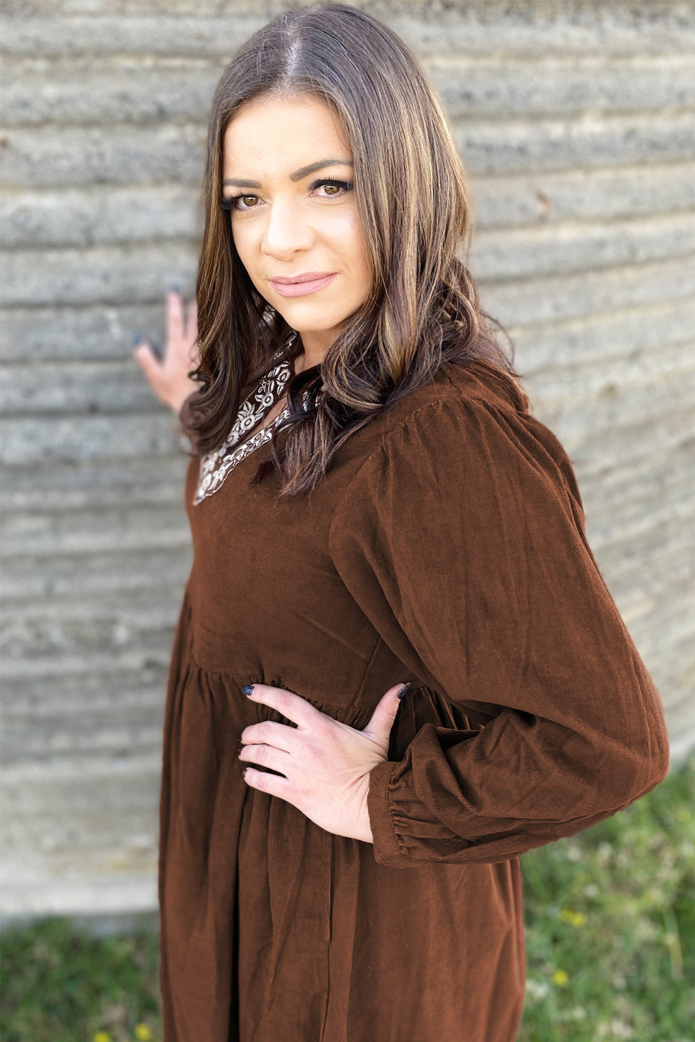 Coffee Embroidered Notched Neckline Textured Pleated High Waist Plus Size Midi Dress