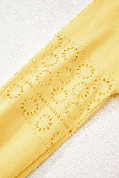 Yellow Cream Embroidered Flower Patchwork Snap Buttons Pullover Sweatshirt