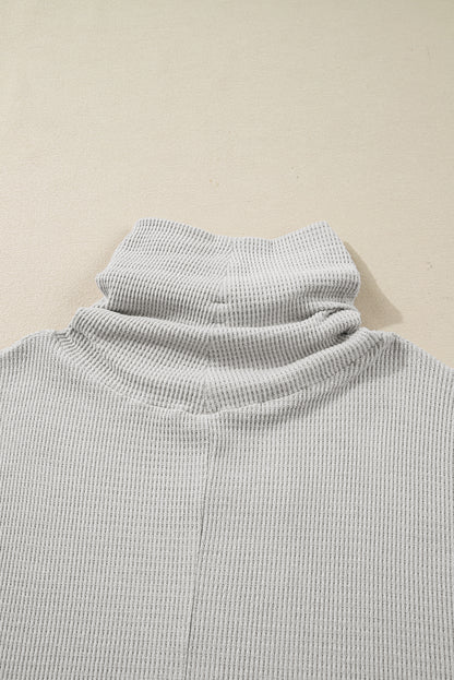 Light Grey Textured Knit Drawstring Cowl Neck Oversize Top with Side Slits