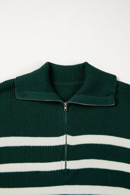 Blackish Green Ribbed Half Zip Collared Sweater Vest