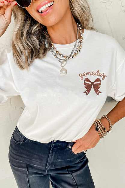 White Game Day Bowknot Embroidered Graphic Casual Tee