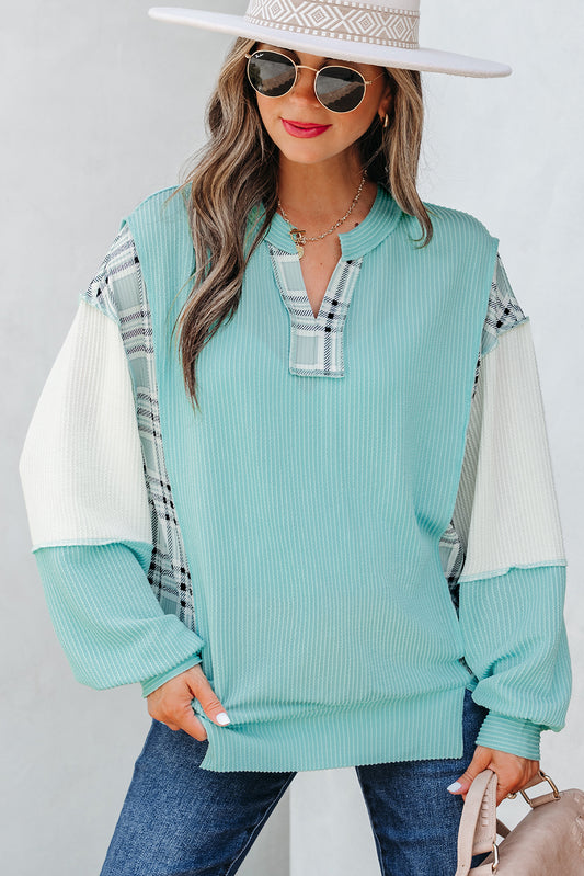 Aruba Blue Corded Texture Colorblock Patchwork Split Neck Long Sleeve Top