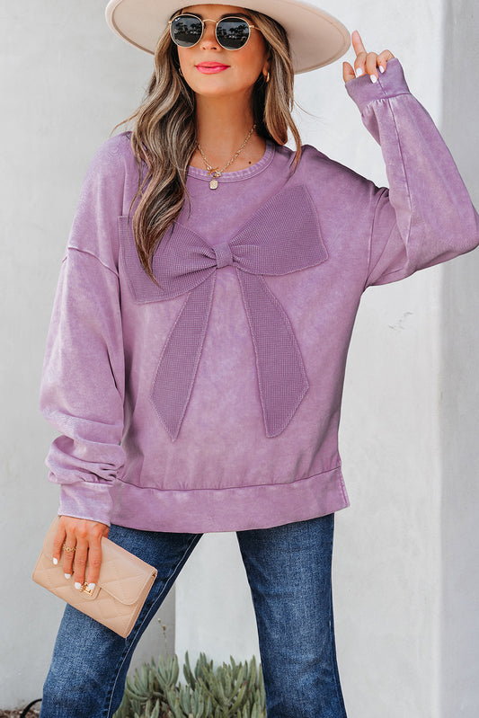 Orchid Bouquet Mineral Wash Big Bow Patchwork Pullover Sweatshirt