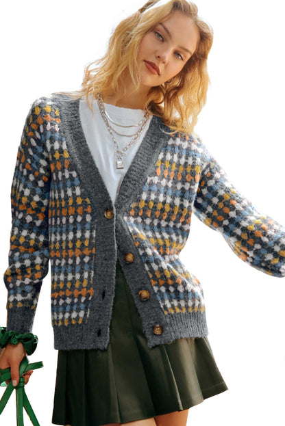 Multicolour Dotty Pattern Knit Button Front V Neck Sweater Cardigan