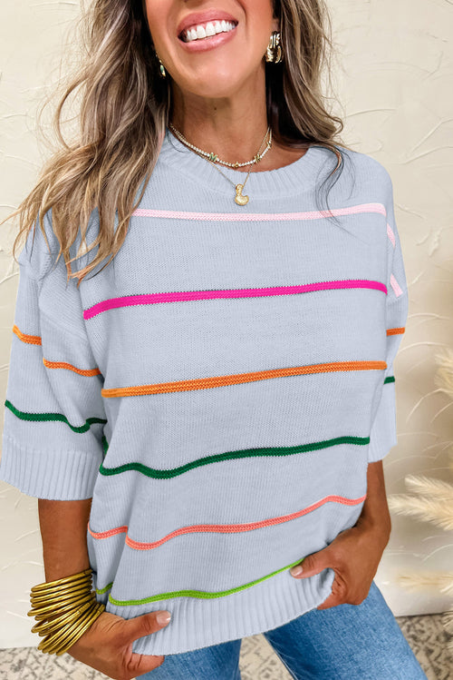 Beau Blue Colorblock Striped Half Sleeve Drop Shoulder Sweater