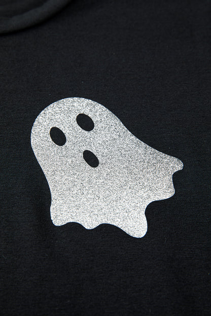 Black Glitter Ghost Pattern Crew Neck Halloween T Shirt