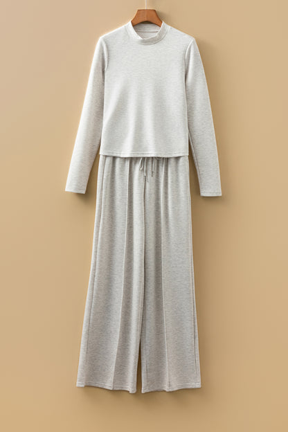 Light Grey Long Sleeve High Neck Slim Top Smocked Waist Central Seam Pants Set