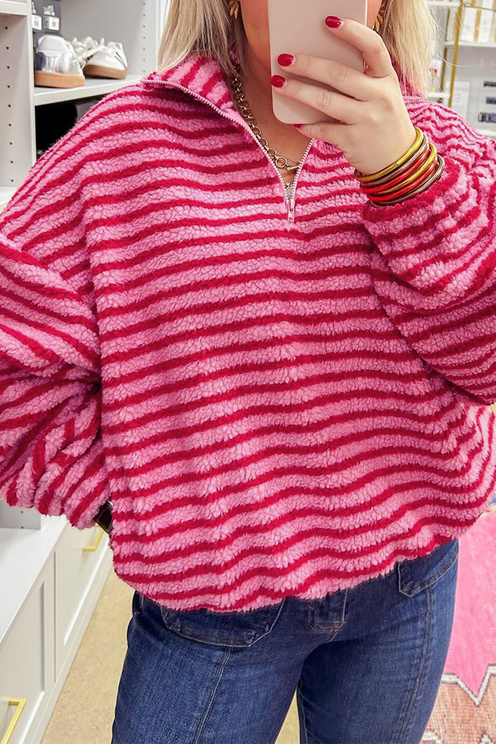Pink Stripe Quarter Zip Fleece Oversize Sweatshirt