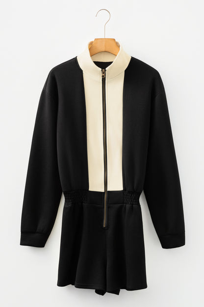 Black Two-tone Long Sleeve Zipped Front Casual Romper