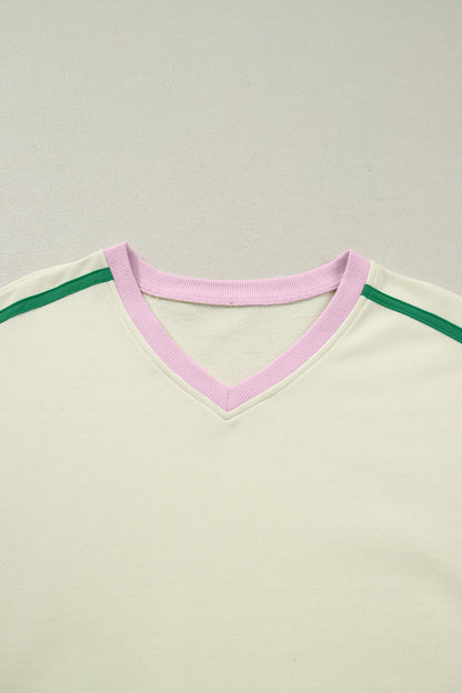 Beige Ribbed Colorblock Trim V Neck Sporty Pullover Mini Skort 2pcs Athleisure Set