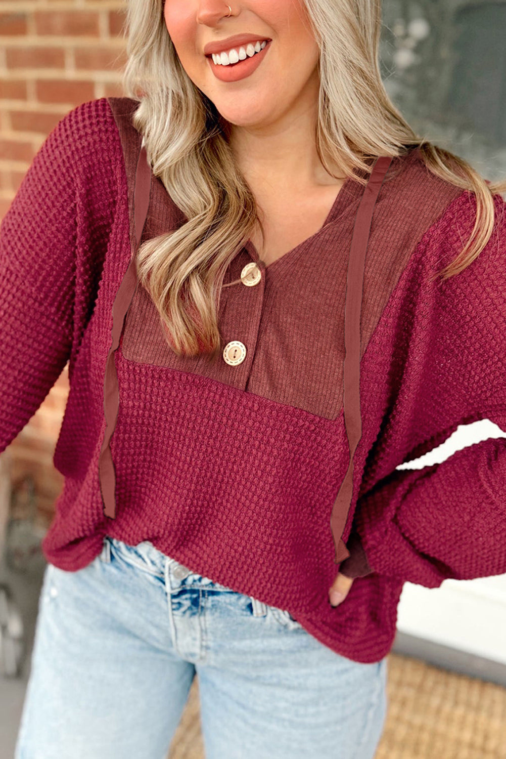 Racing Red Waffle Patchwork Drop Shoulder Hooded Long Sleeve Top