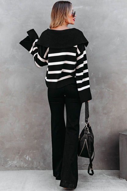 Black Caped V Neck Slit Sleeve Striped/Solid Sweater