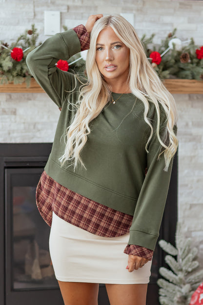 Moss Green Vintage Plaid Patchwork Drop Shoulder Sweatshirt