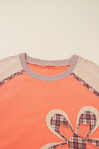 Grapefruit Orange Plaid Flower Waffle Patched Plus Size 3/4 Sleeve Top