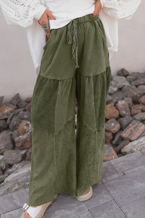 Vineyard Green Mineral Wash Tiered Wide Leg Patchwork Drawstring Pants