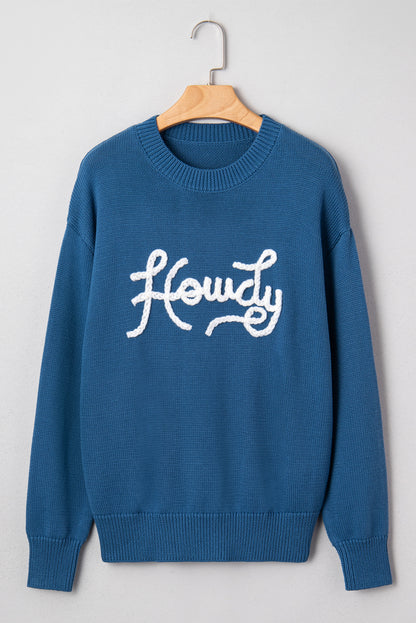 Dusk Blue Howdy Embroidered Graphic Western Sweater