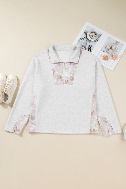 Gray Camo Leaves Patchwork Zipped Collar Pullover Plus Size Sweatshirt
