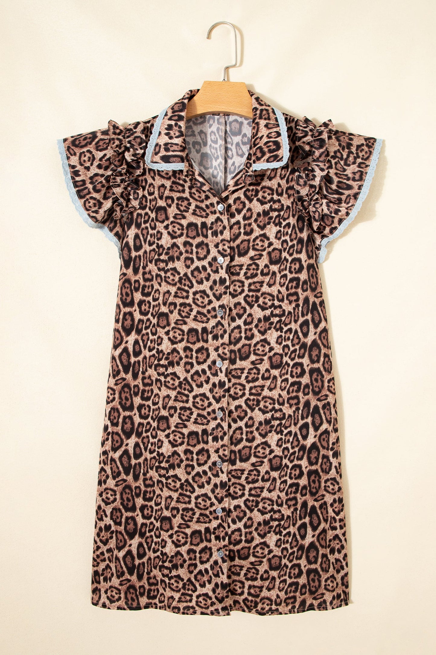 Khaki Leopard Print Lace Trim Shirt Collar Button Down Loose Mini Dress