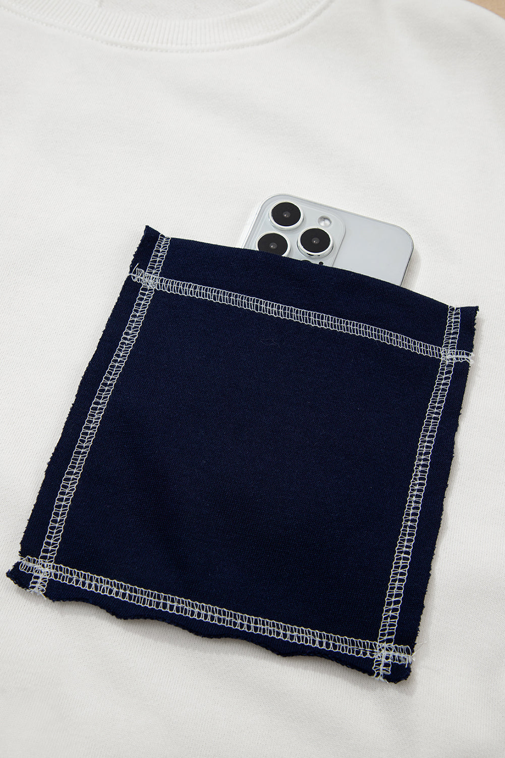 White Exposed Seam Detail Color Block Patch Pocket Drop Shoulder Sweatshirt