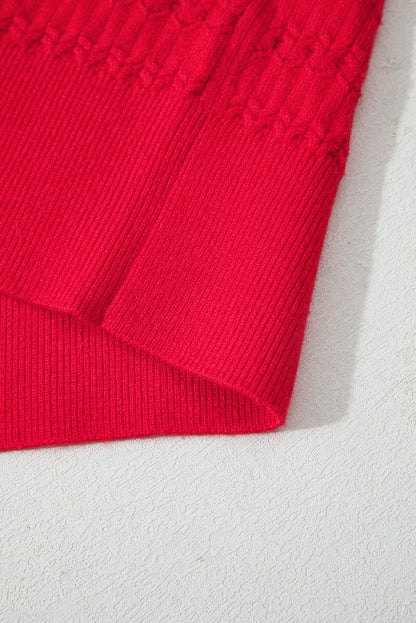 Fiery Red Trendy Pattern Knit Ribbed Cuffs Crew Neck Sweater