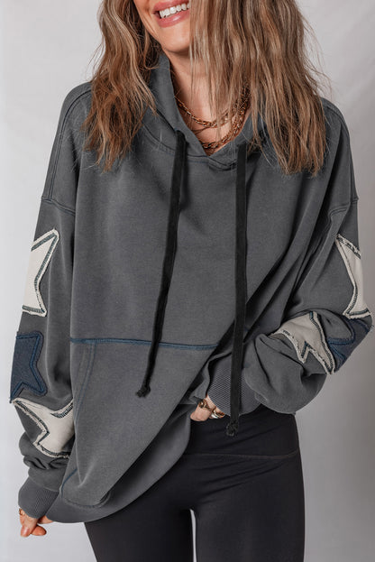 Carbon Grey Star Patchwork Contrast Stitching Mineral Wash Kangaroo Pocket Vintage Hoodie