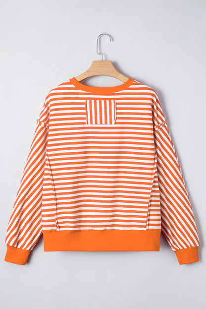 Red Stripe Exposed Seam Drop Shoulder Casual Pullover Top