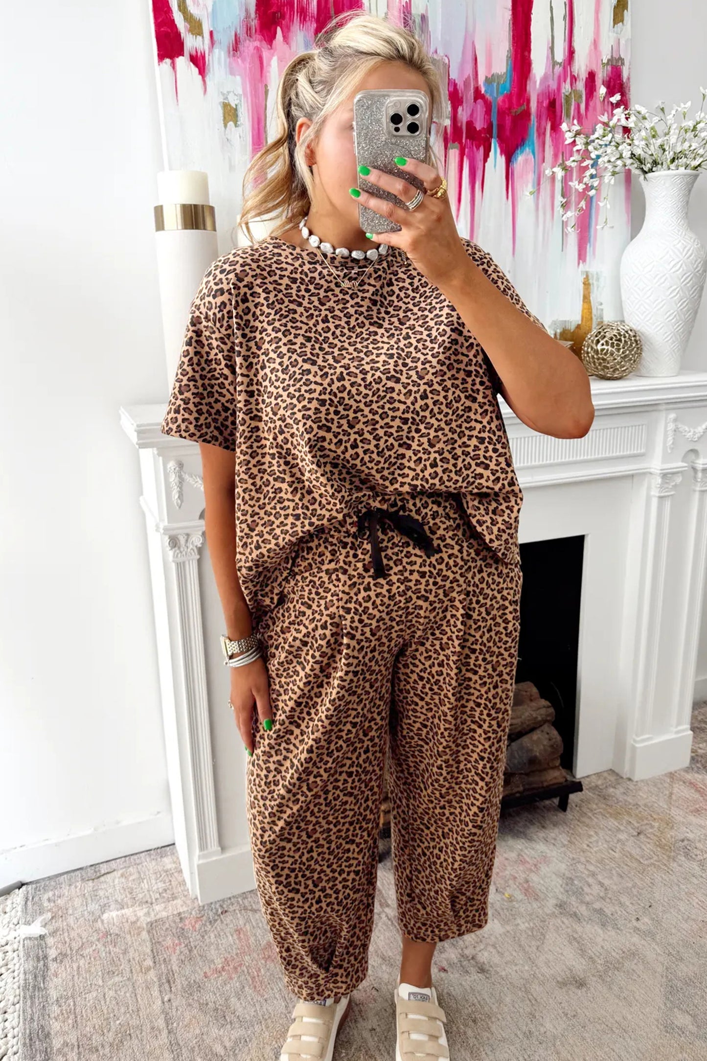 Brown Leopard Loose Tee Drawstring Waist Barrel Pants Set