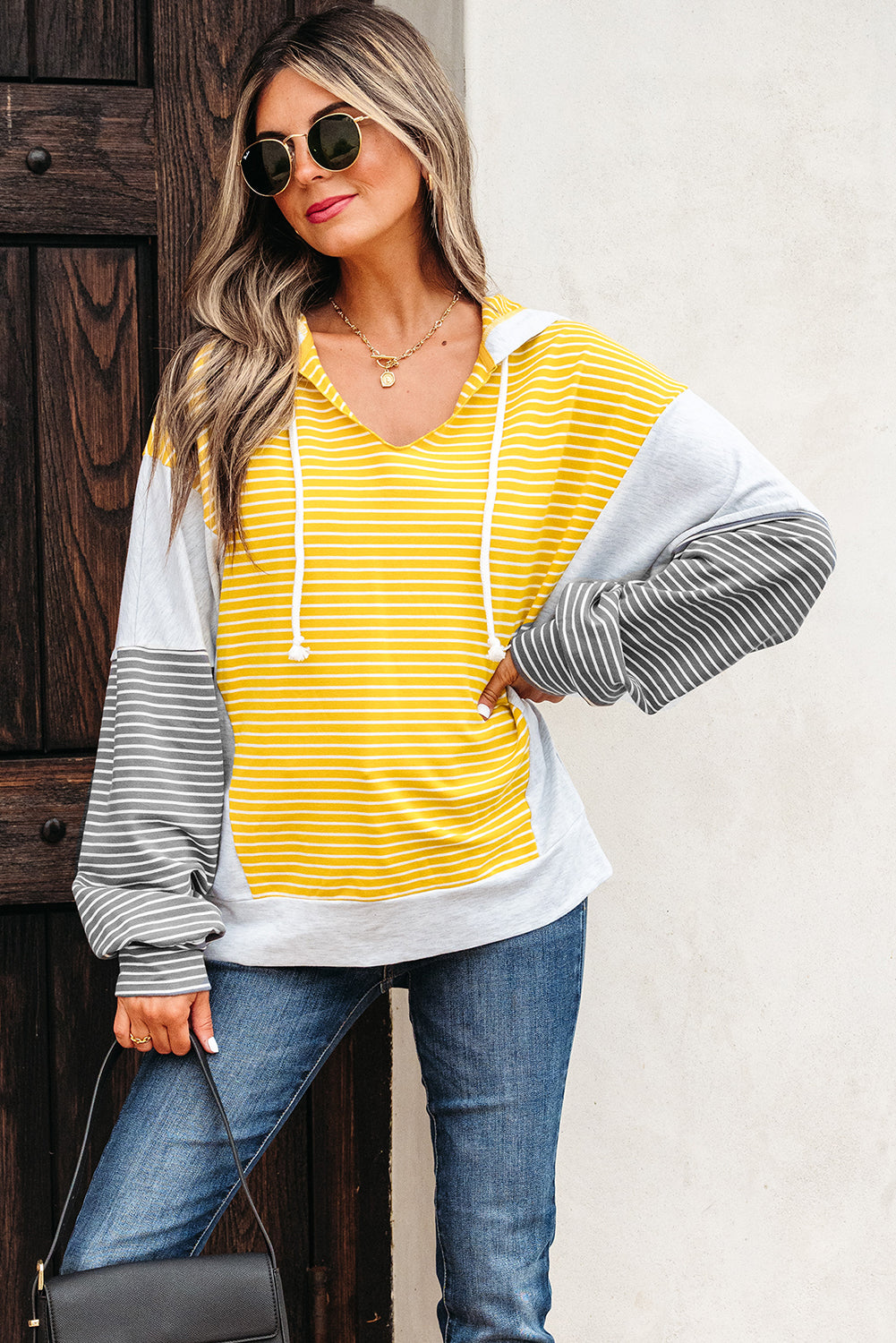 Yellow Stripe Color Block Drawstring V Neck Loose Fit Hooded Top