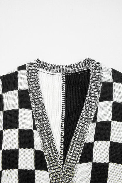 Black Checkered Open Front Drop Shoulder Cardigan