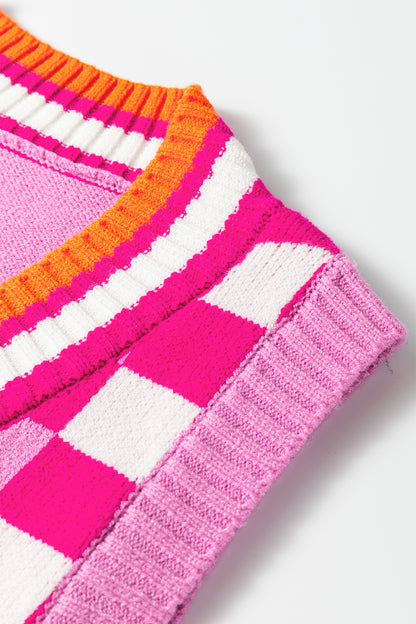 Yellow Striped Checkered Contrast Patchwork V Neck Sweater Vest