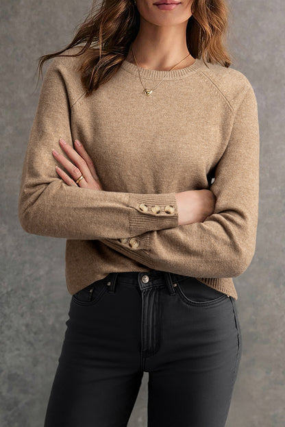 Camel Buttoned Bishop Sleeve Crew Neck Sweater