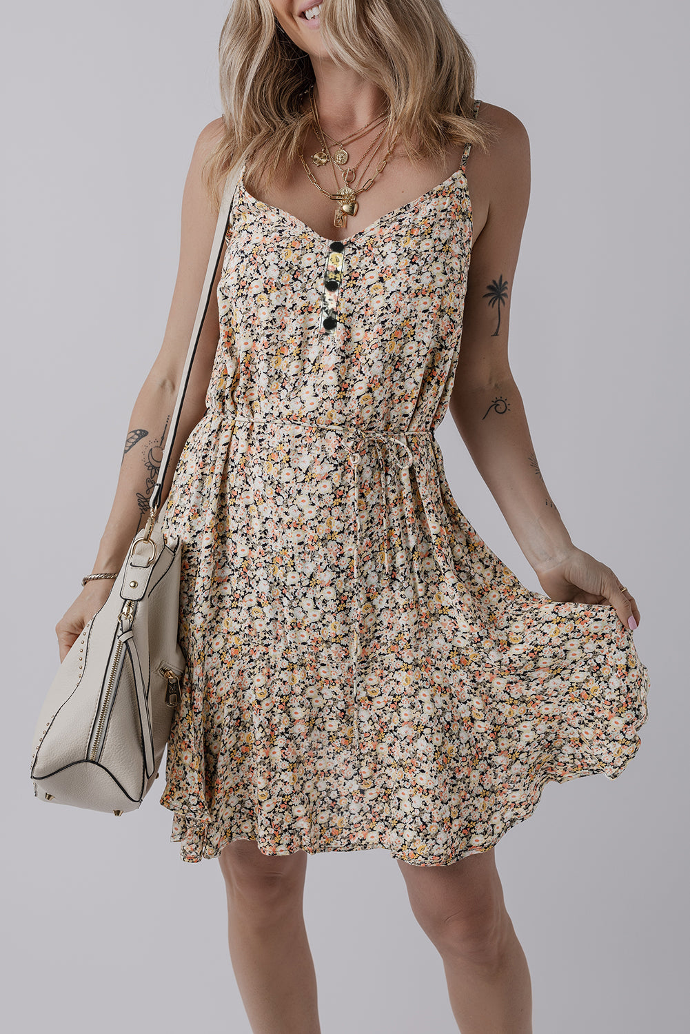 Khaki Boho Floral Printed Tie Waist Flared Sundress