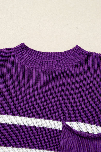 Purple Stripe Raw Edge Patched Pocket Short Sleeve Knit Sweater