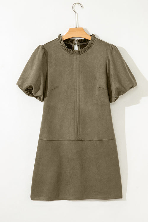 Moss Green Frilled Round Neck Short Puff Sleeve Shift Mini Dress