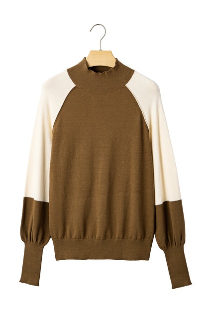 Desert Palm Colorblock Raglan Puff Sleeve Mock Neck Sweater