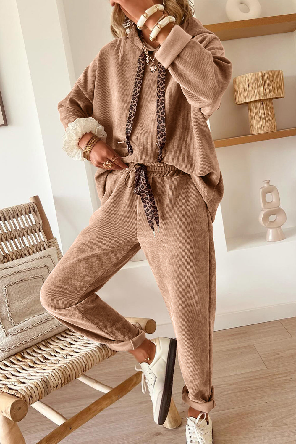 Rose Tan Lace Drawstring Pullover Hoodie and High Waist Pants Corduroy Suit