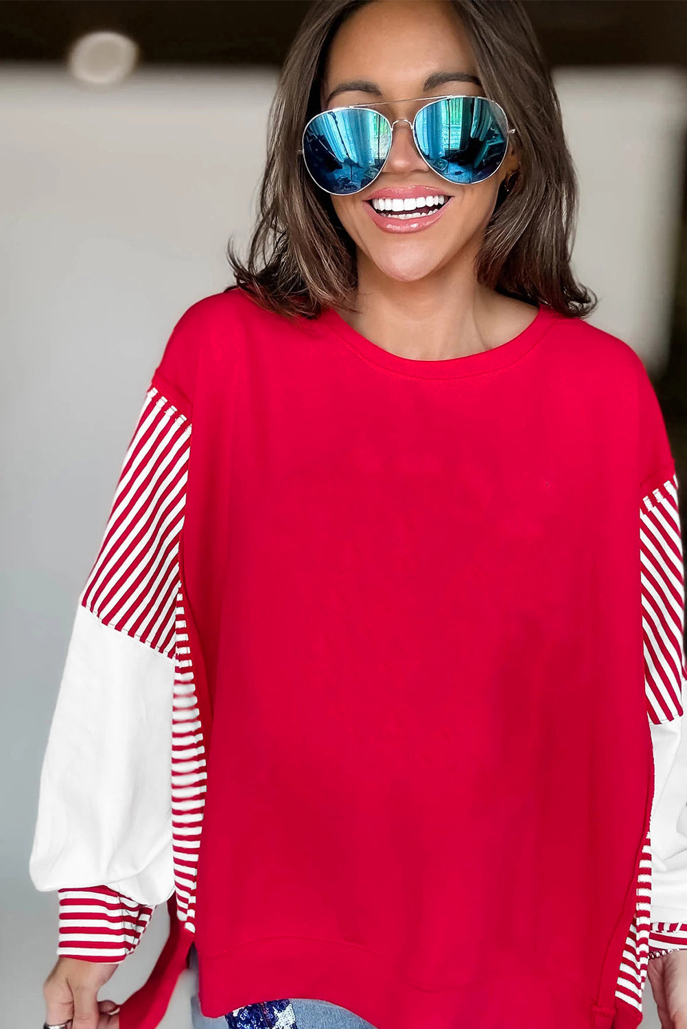 Dark Blue Striped Patchwork Sleeve Colorblock Sweatshirt