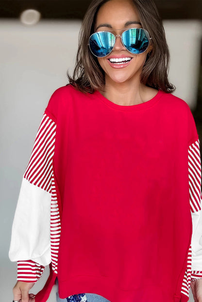 Dark Blue Striped Patchwork Sleeve Colorblock Sweatshirt