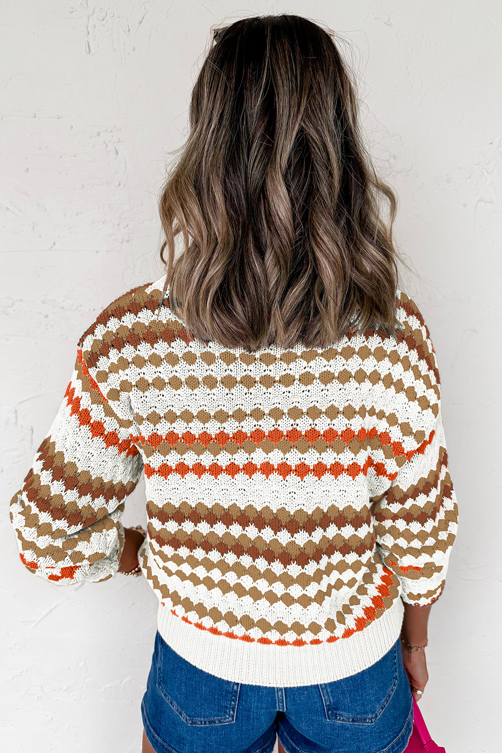 Brown Stripe Eyelet Patterned Drop Shoulder Sweater