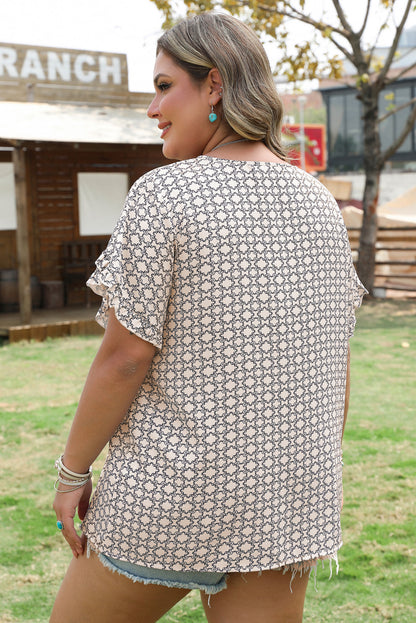 Khaki Plus Size Geometric Print Ruffled Sleeve Blouse