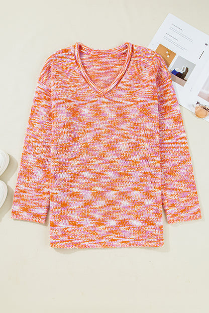 Orange Vibrant Abstract Print Drop Shoulder V Neck Tunic Oversized Sweater