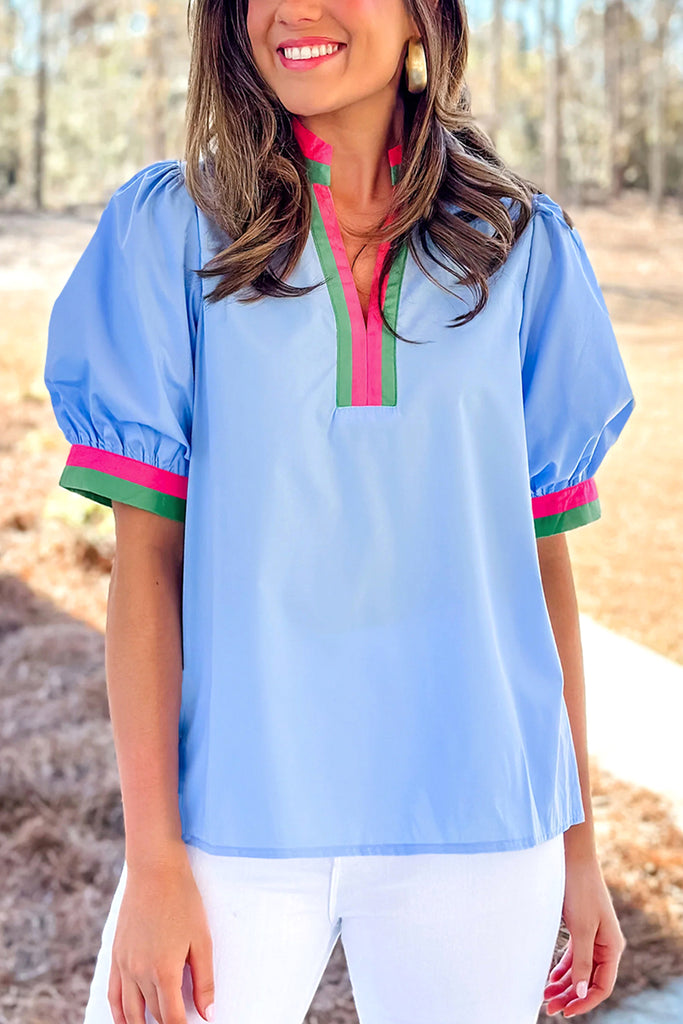 Sky Blue Contrast Striped V Neck Collision Short Puff Sleeve Blouse