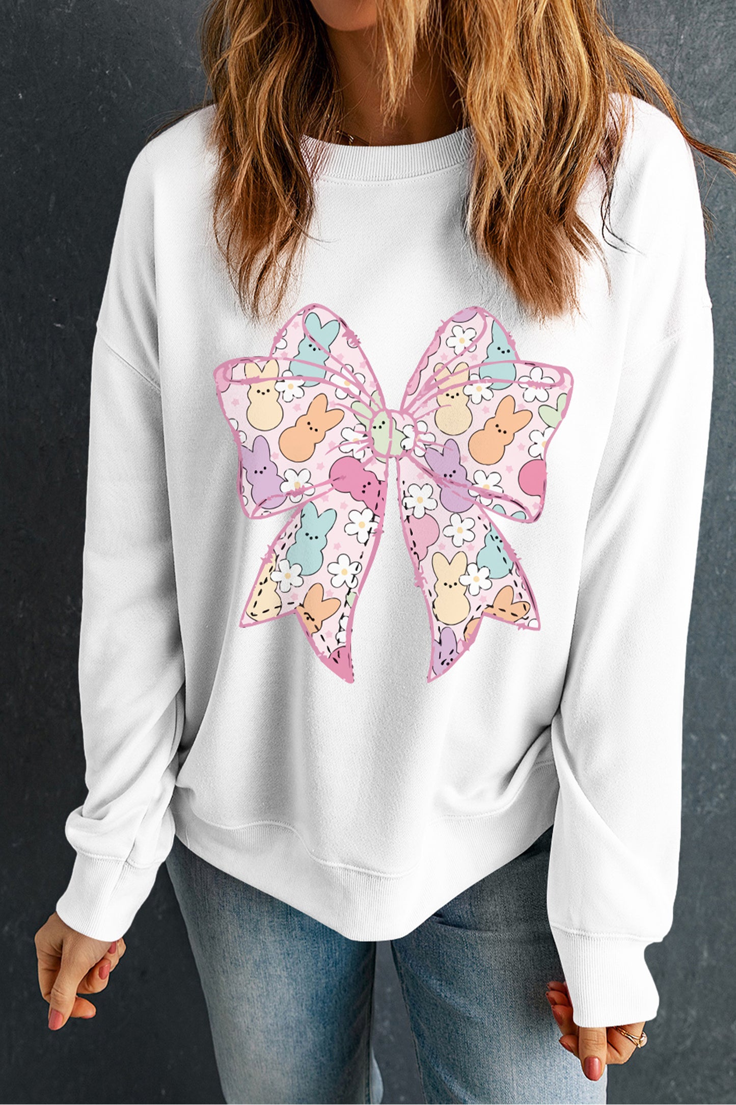 White Easter Bunny Bow Printed Casual Sweatshirt