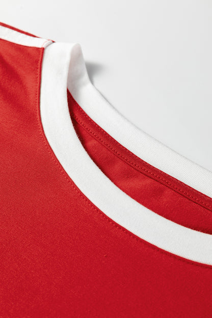 Fiery Red Varsity Striped Accent Contrast Crew Neck Long Sleeve T Shirt